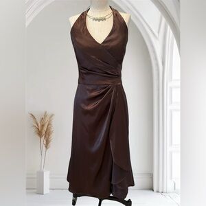Belsoie Elegant Brown Silky Halter Dress